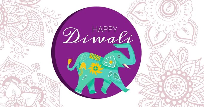 Happy diwali text with elephant over abstract pattern on white background