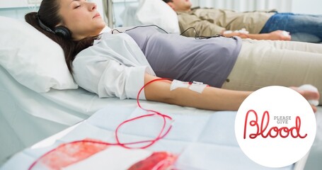 Digital composite of symbol with woman and man donating blood lying on beds at hospital
