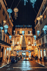 night Christmas streets in Lisbon. walks at christmas time. holiday time