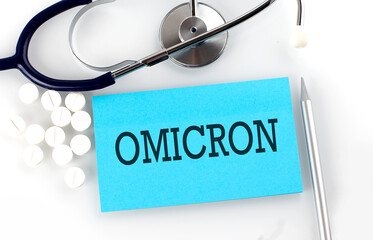 Text OMICRON on a table with a stethoscope,pills and pen, medical concept.