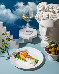 Grilled salmon with asparagus and sauce on a white plate on a blue background. Nearby olives in a white plate and a glass of white wine