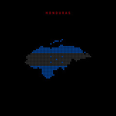 Square dots pattern map of Honduras. Honduran dotted pixel map with national flag colors isolated on black background. Vector illustration.
