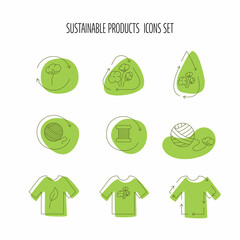 Sustainable fibers set with icon and sign for eco friendly, natural fabric product, clothing packaging. Vector stock illustration isolated on white background. 