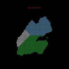Obraz premium Square dots pattern map of Djibouti. Djiboutian dotted pixel map with national flag colors isolated on black background. Vector illustration.