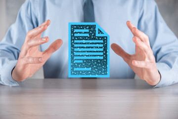 Businessman man holding a document icon in his hand Document Management Data System Business Internet Technology Concept. Corporate data management system DMS.Low poly,polygonal
