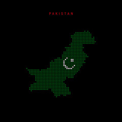 Fototapeta premium Square dots pattern map of Pakistan. Pakistani dotted pixel map with national flag colors isolated on black background. Vector illustration.