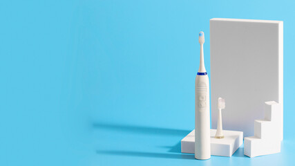 Electric toothbrush and clear replacement on blue  background with different podiums. Large image...
