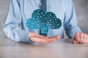 Cloud technology. Polygonal wireframe cloud storage sign with document icon on dark blue. Cloud...