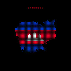 Square dots pattern map of Cambodia. Cambodian dotted pixel map with national flag colors isolated on black background. Vector illustration.