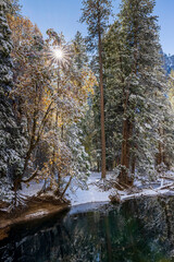 Merced River. Autumn first snow in Yosemite National Park, California, USA.