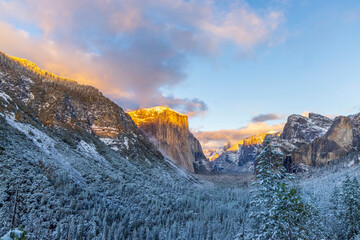 Tunnel View. Autumn first snow in Yosemite National Park, California, USA.