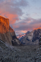 Tunnel View. Autumn first snow in Yosemite National Park, California, USA.