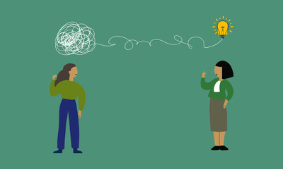 Proactive and reactive thinking, chaos and order in mind concept. Business people standing discussing work using creativity solving messy information to creative great idea together