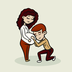 cute cartoon couple waiting for a baby. Pregnant woman and caring dad
