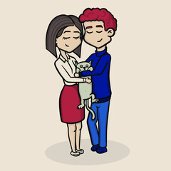 Couple in love. cute Family with cat. Valentine's day card