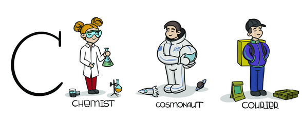 set of The professions of the letter c - chemist, cosmonaut, courier. Vector Little cute characters with atributes