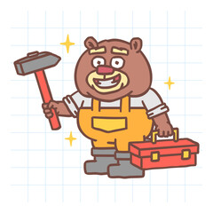 Builder beaver holding hammer holding tool case and smiling. Hand drawn character. Vector Illustration