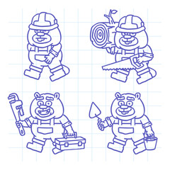 Builder beaver character doodle set part one. Hand drawn character. Vector Illustration
