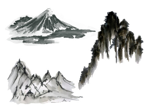 Fuji and Mountains black and white ink watercolor asian style Traditional oriental forest plant elements isolated