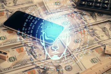 Double exposure of brain drawing over us dollars bill background. Technology concept.