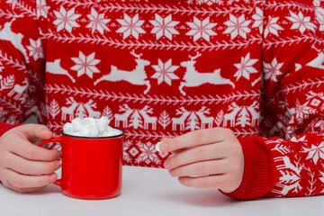 Tasty mug of hot cocoa. Red mug with hot cocoa and marshmallows. Christmas or New Year concept. National Cocoa Day