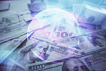 Fototapeta premium Double exposure of tech theme drawing over usa dollars bill background. Concept of technology.