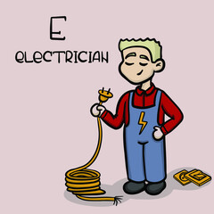 Profession on the letter E - electrician. Painted worker in blue overalls