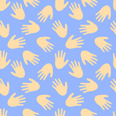 Open palm on a blue background. Seamless vector pattern.