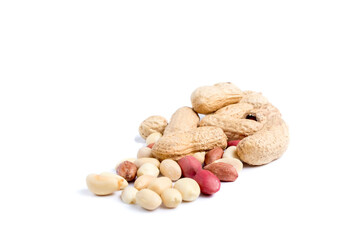 Peeled peanuts and peanut pod isolated on white background