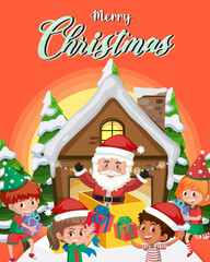 Merry Christmas poster template with Santa Claus and children