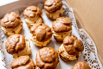 profiteroles sweet baked caramle cream dessert round christmas food 