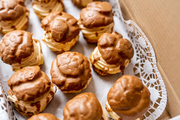 profiteroles sweet baked caramle cream dessert round christmas food 