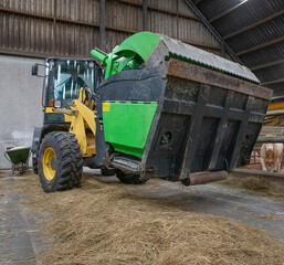Fototapeta na wymiar Feeding truck. Shovel at stable. Cattle feeding machine. Netherlands. Farming