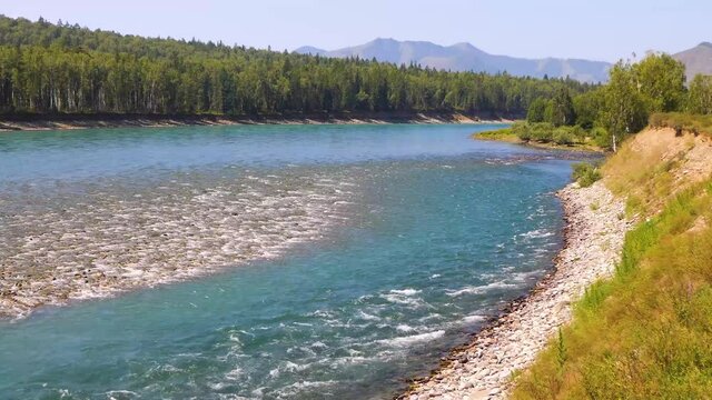 4K Aerial Footage Video of the Autumn Landscapes and Mountain River on the Chemal Tract in the Altai Mountains, Russia