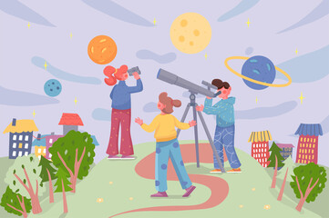 Kids playing astronauts at cityscape background. Boy and girls exploring space, looking through telescope or binoculars at sky with planets and stars scene. Vector illustration in flat cartoon design