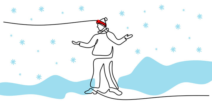 Continuous one single line of man standing on snow using santa hat isolated on white background.
