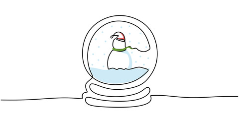 Continuous one single line of snow globe for christmas decoration isolated on white background.