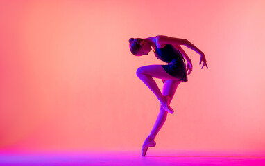 Beautiful young girl ballerina in pointe shoes and a swimsuit silhouette on a bright red background. © Maria Moroz