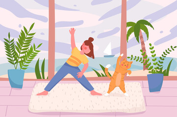 Yoga trainings at home room or gym studio background. Little girl practicing yoga asanas with cute pet cat. Interior with plants and huge window sea view. Vector illustration in flat cartoon design