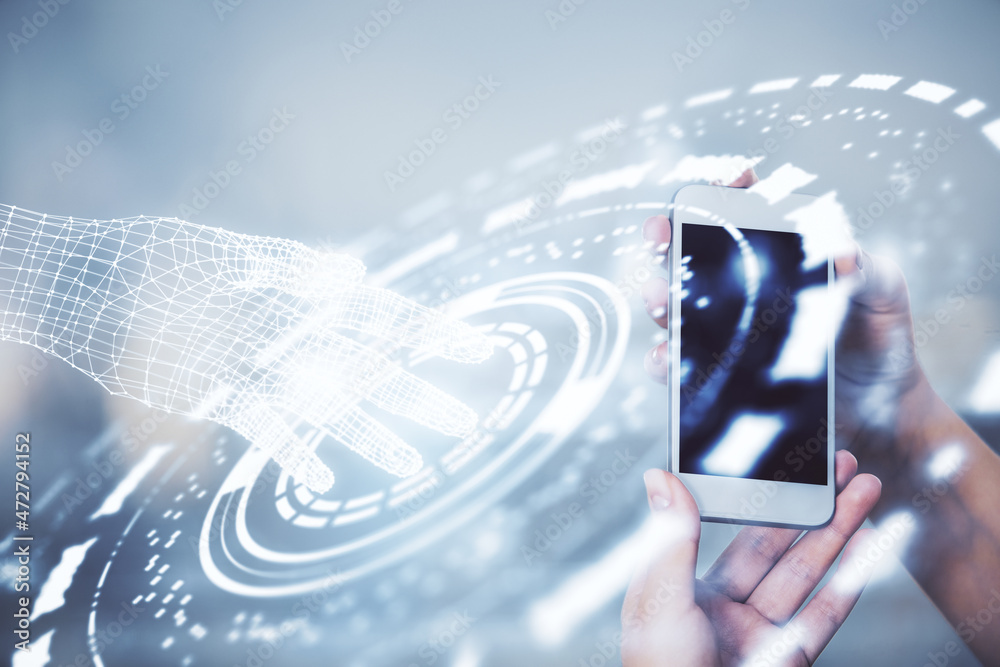 Poster double exposure of technology sketch hologram and woman holding and using a mobile device.