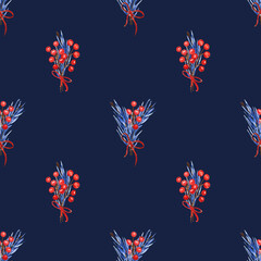 Fototapeta na wymiar Winter seamless pattern with red berries and pine branches on deep blue background. Watercolor hand drawn elements. Simple and cute basic design for wallpapers, wrapping paper, mugs, fashion, textile.