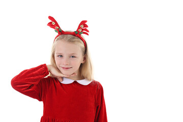 Little girl in Christmas clothes isolated on white background