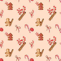 Warm Christmas seamless pattern with gingerbread men, cinnamon sticks, candy canes, red berries, and Christmas tree cookies. Watercolor hand drawn elements on orange-beige background. 