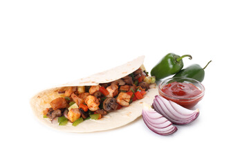 Concept of tasty food with taco isolated on white background