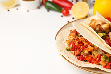 Concept of tasty food with taco on white background