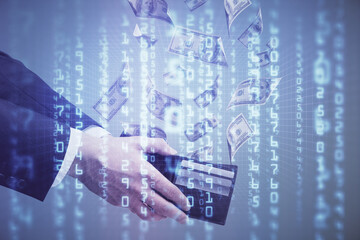 Multi exposure of technology drawing hologram and us dollars bills and man hands. Data concept