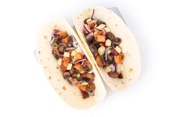Concept of tasty food with taco isolated on white background