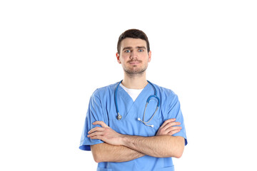 Attractive doctor intern isolated on white background