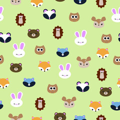 Cartoon animals flat set. Seamless pattern with forest animals heads and faces. Cute children background print. Cartoon characters of deer, rabbit, fox, bear, skunk,owl, hedgehok