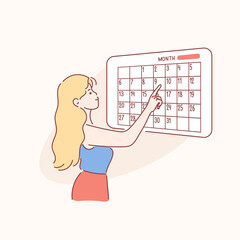 Examination, pregnancy, checkup concept. Side view of young worried woman girl cartoon character checking looking at calendar for pregnant terms or menstruation periods. Hand drawn vector illustration